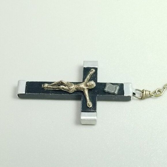 Vintage Black and Silver Tone Crucifix Cross Pendant, INRI, 1 1/2 Inch Long - Picture 3 of 9